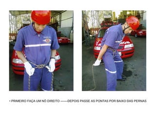 PRIMEIRO FAÇA UM NÓ DIREITO -------DEPOIS PASSE AS PONTAS POR BAIXO DAS PERNAS  