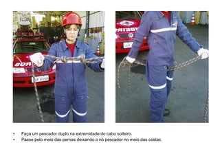 Faça um pescador duplo na extremidade do cabo solteiro. Passe pelo meio das pernas deixando o nó pescador no meio das costas. 