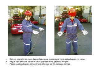 Deixe o pescador no meio das costas e puxe o cabo para frente pelas laterais do corpo. Pegue pelo peio das pernas o cabo que ficou solto, próximo aos pés. Passe as alças laterais por dentro da alça que sai do meio das pernas. 