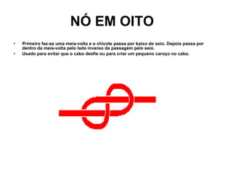 NÓ EM OITO   Primeiro faz-se uma meia-volta e o chicote passa por baixo do seio. Depois passa por dentro da meia-volta pelo lado inverso da passagem pelo seio. Usado para evitar que o cabo desfie ou para criar um pequeno caroço no cabo.      z 