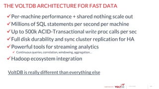page© 2015 VoltDB
THE VOLTDB ARCHITECTURE FOR FAST DATA
ü Per-machine performance + shared nothing scale out
ü Millions of SQL statements per second per machine
ü Up to 500k ACID-Transactional write proc calls per sec
ü Full disk durability and sync cluster replication for HA
ü Powerful tools for streaming analytics
ü  Continuous queries, correlation, windowing, aggregation…
ü Hadoop ecosystem integration
VoltDB is really different than everything else
 