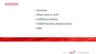 © 2015 VoltDB PROPRIETARY
AGENDA
• Overview
• What’s New in v5.0?
• VoltDB and Hadoop
• VoltDB Real-time Analytics Demo
• Q&A
3
 
