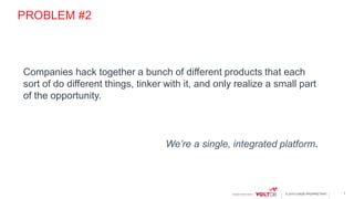 © 2015 VoltDB PROPRIETARY
PROBLEM #2
7
Companies hack together a bunch of different products that each
sort of do different things, tinker with it, and only realize a small part
of the opportunity.
We’re a single, integrated platform.
 