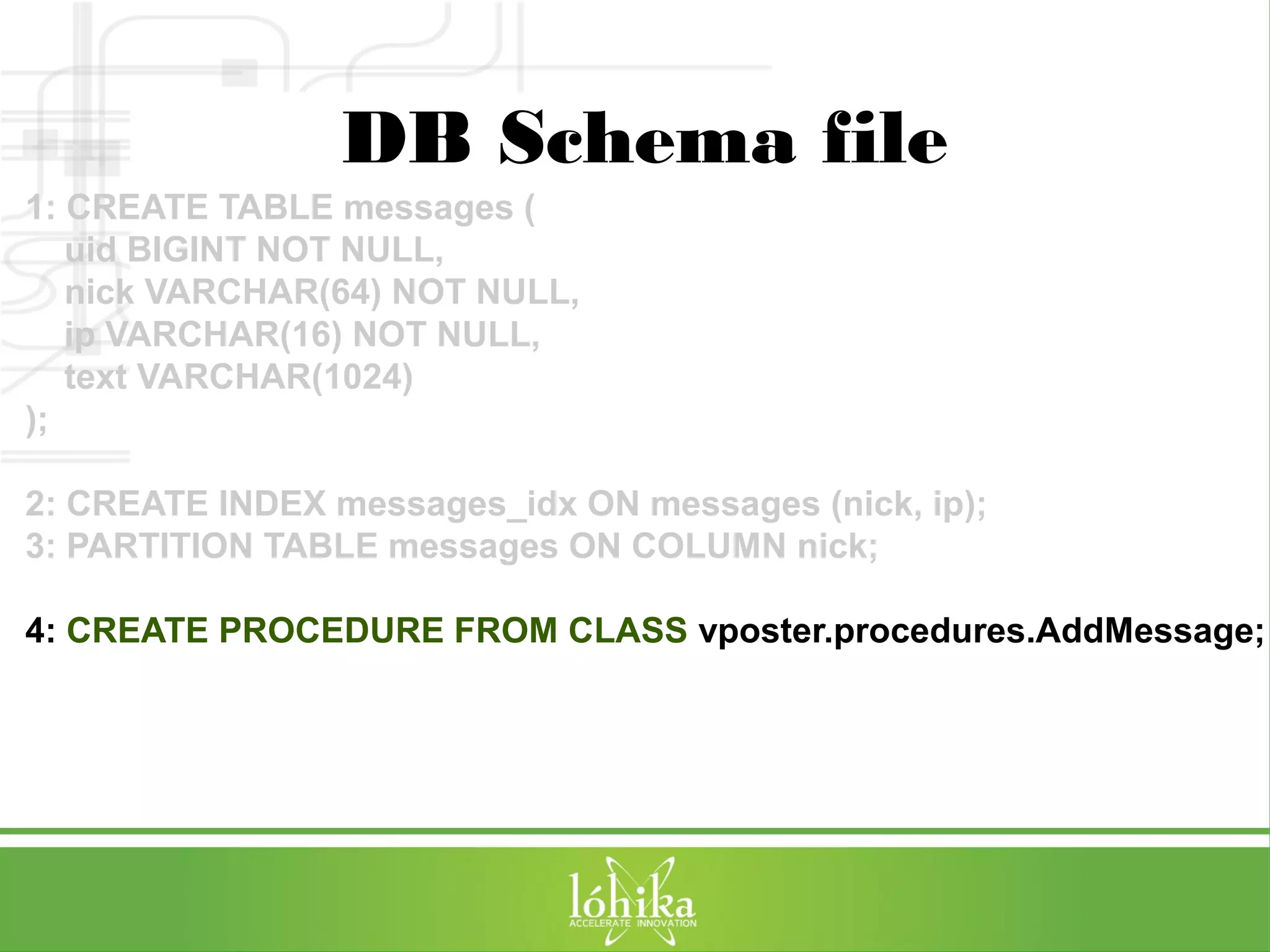 DB Schema file 
1: CREATE TABLE messages ( 
uid BIGINT NOT NULL, 
nick VARCHAR(64) NOT NULL, 
ip VARCHAR(16) NOT NULL, 
text VARCHAR(1024) 
); 
2: CREATE INDEX messages_idx ON messages (nick, ip); 
3: PARTITION TABLE messages ON COLUMN nick; 
4: CREATE PROCEDURE FROM CLASS vposter.procedures.AddMessage; 
 