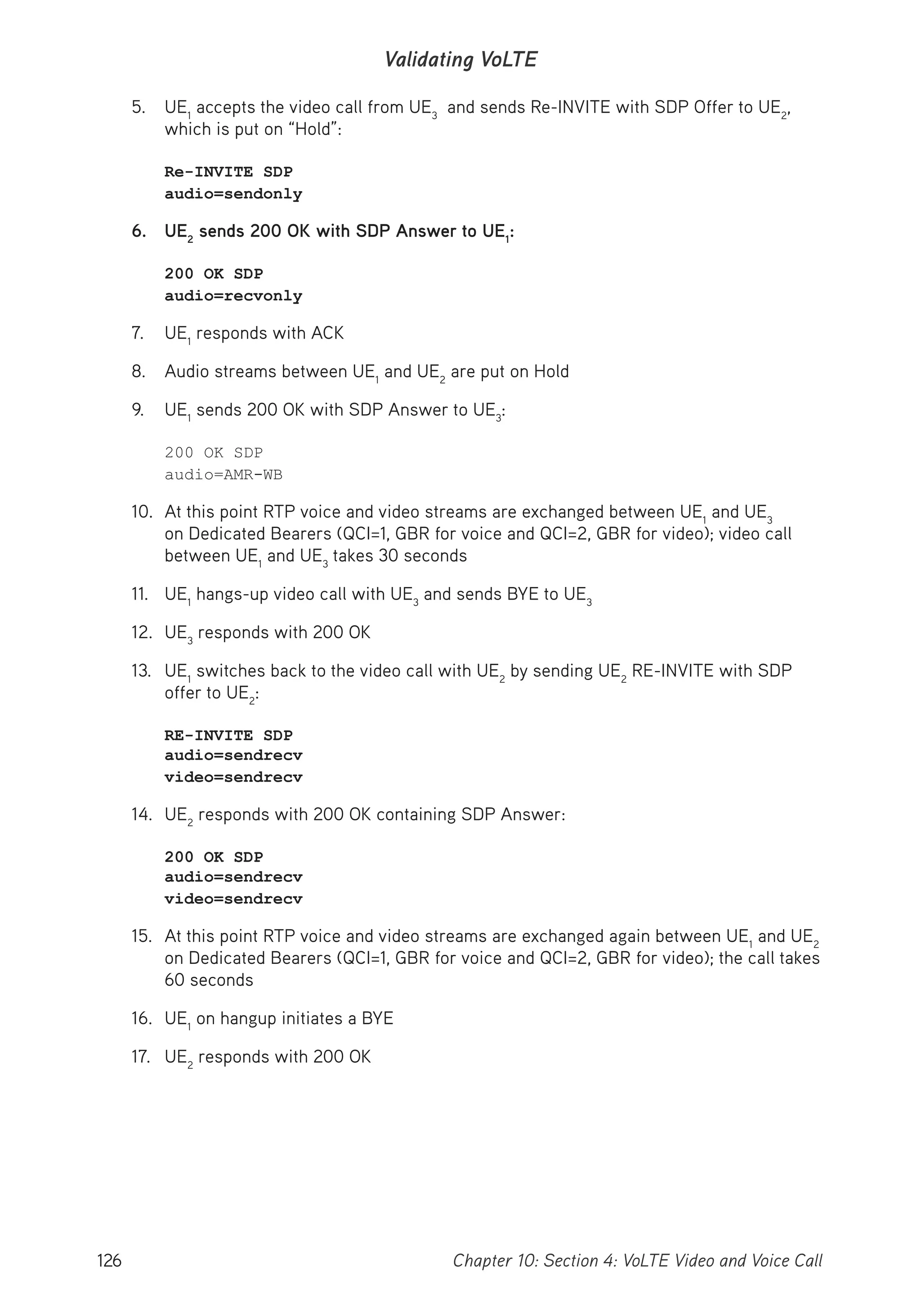 126 Chapter 10: Section 4: VoLTE Video and Voice Call
Validating VoLTE
5. UE1
accepts the video call from UE3
and sends Re-INVITE with SDP Offer to UE2
,
which is put on “Hold”:
Re-INVITE SDP
audio=sendonly
6. UE2
sends 200 OK with SDP Answer to UE1
:
200 OK SDP
audio=recvonly
7. UE1
responds with ACK
8. Audio streams between UE1
and UE2
are put on Hold
9. UE1
sends 200 OK with SDP Answer to UE3
:
200 OK SDP
audio=AMR-WB
10. At this point RTP voice and video streams are exchanged between UE1
and UE3
on Dedicated Bearers (QCI=1, GBR for voice and QCI=2, GBR for video); video call
between UE1
and UE3
takes 30 seconds
11. UE1
hangs-up video call with UE3
and sends BYE to UE3
12. UE3
responds with 200 OK
13. UE1
switches back to the video call with UE2
by sending UE2
RE-INVITE with SDP
offer to UE2
:
RE-INVITE SDP
audio=sendrecv
video=sendrecv
14. UE2
responds with 200 OK containing SDP Answer:
200 OK SDP
audio=sendrecv
video=sendrecv
15. At this point RTP voice and video streams are exchanged again between UE1
and UE2
on Dedicated Bearers (QCI=1, GBR for voice and QCI=2, GBR for video); the call takes
60 seconds
16. UE1
on hangup initiates a BYE
17. UE2
responds with 200 OK
 