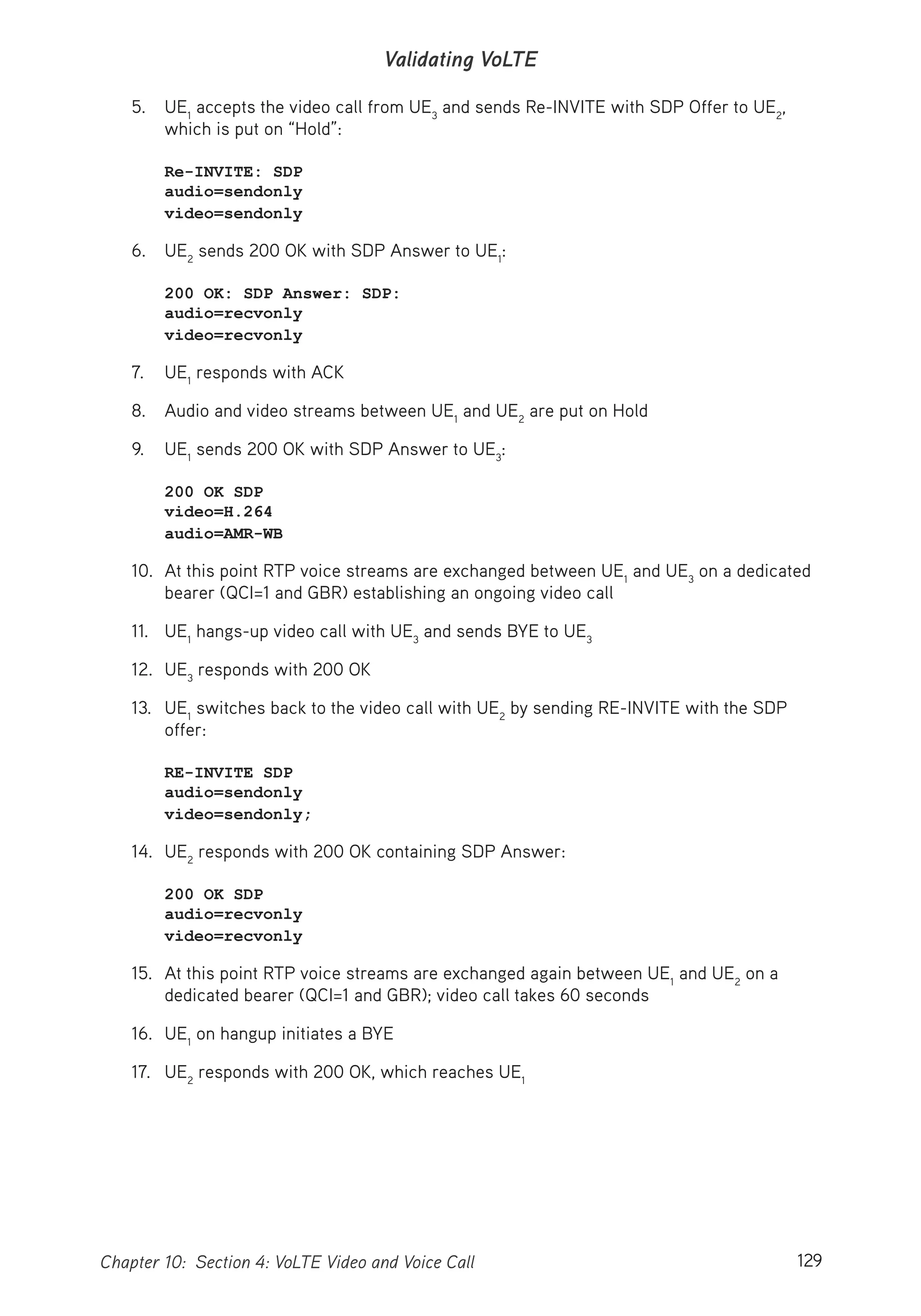 129Chapter 10: Section 4: VoLTE Video and Voice Call
Validating VoLTE
5. UE1
accepts the video call from UE3
and sends Re-INVITE with SDP Offer to UE2
,
which is put on “Hold”:
Re-INVITE: SDP
audio=sendonly
video=sendonly
6. UE2
sends 200 OK with SDP Answer to UE1
:
200 OK: SDP Answer: SDP:
audio=recvonly
video=recvonly
7. UE1
responds with ACK
8. Audio and video streams between UE1
and UE2
are put on Hold
9. UE1
sends 200 OK with SDP Answer to UE3
:
200 OK SDP
video=H.264
audio=AMR-WB
10. At this point RTP voice streams are exchanged between UE1
and UE3
on a dedicated
bearer (QCI=1 and GBR) establishing an ongoing video call
11. UE1
hangs-up video call with UE3
and sends BYE to UE3
12. UE3
responds with 200 OK
13. UE1
switches back to the video call with UE2
by sending RE-INVITE with the SDP
offer:
RE-INVITE SDP
audio=sendonly
video=sendonly;
14. UE2
responds with 200 OK containing SDP Answer:
200 OK SDP
audio=recvonly
video=recvonly
15. At this point RTP voice streams are exchanged again between UE1
and UE2
on a
dedicated bearer (QCI=1 and GBR); video call takes 60 seconds
16. UE1
on hangup initiates a BYE
17. UE2
responds with 200 OK, which reaches UE1
 