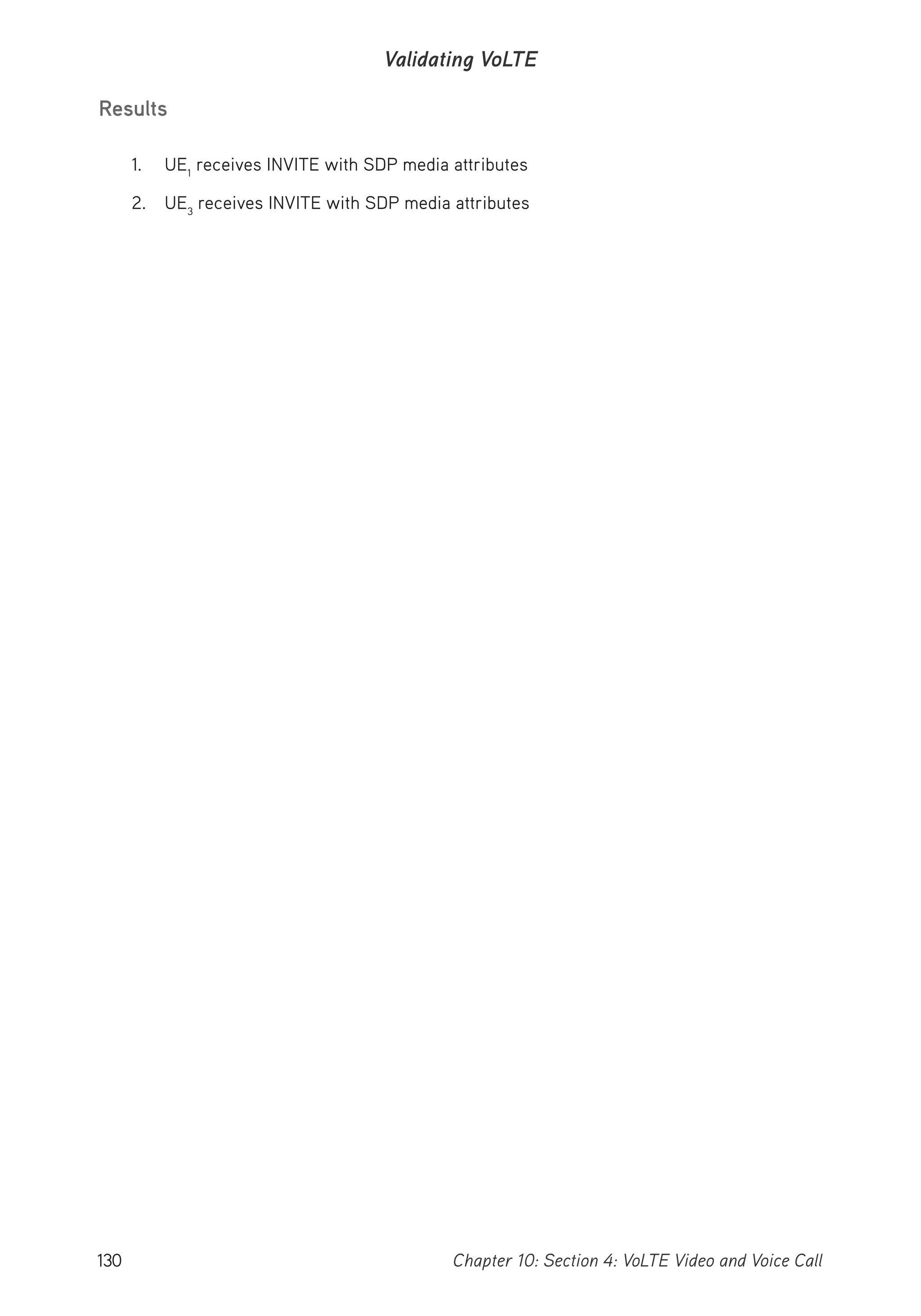 130 Chapter 10: Section 4: VoLTE Video and Voice Call
Validating VoLTE
Results
1. UE1
receives INVITE with SDP media attributes
2. UE3
receives INVITE with SDP media attributes
 