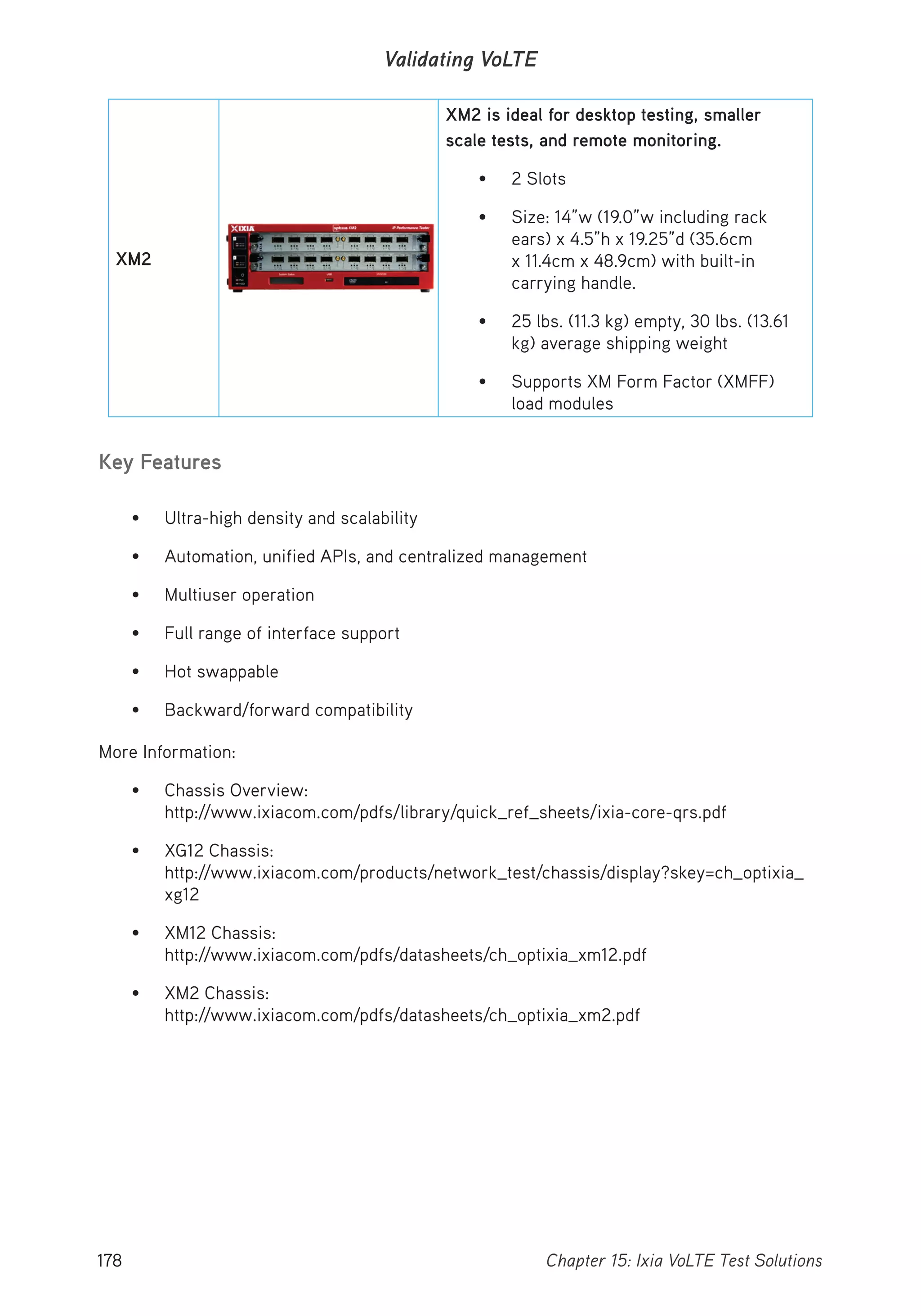 178 Chapter 15: Ixia VoLTE Test Solutions
Validating VoLTE
XM2
XM2 is ideal for desktop testing, smaller
scale tests, and remote monitoring.
• 2 Slots
• Size: 14”w (19.0”w including rack
ears) x 4.5”h x 19.25”d (35.6cm
x 11.4cm x 48.9cm) with built-in
carrying handle.
• 25 lbs. (11.3 kg) empty, 30 lbs. (13.61
kg) average shipping weight
• Supports XM Form Factor (XMFF)
load modules
Key Features
• Ultra-high density and scalability
• Automation, unified APIs, and centralized management
• Multiuser operation
• Full range of interface support
• Hot swappable
• Backward/forward compatibility
More Information:
• Chassis Overview:
http://www.ixiacom.com/pdfs/library/quick_ref_sheets/ixia-core-qrs.pdf
• XG12 Chassis:
http://www.ixiacom.com/products/network_test/chassis/display?skey=ch_optixia_
xg12
• XM12 Chassis:
http://www.ixiacom.com/pdfs/datasheets/ch_optixia_xm12.pdf
• XM2 Chassis:
http://www.ixiacom.com/pdfs/datasheets/ch_optixia_xm2.pdf
 