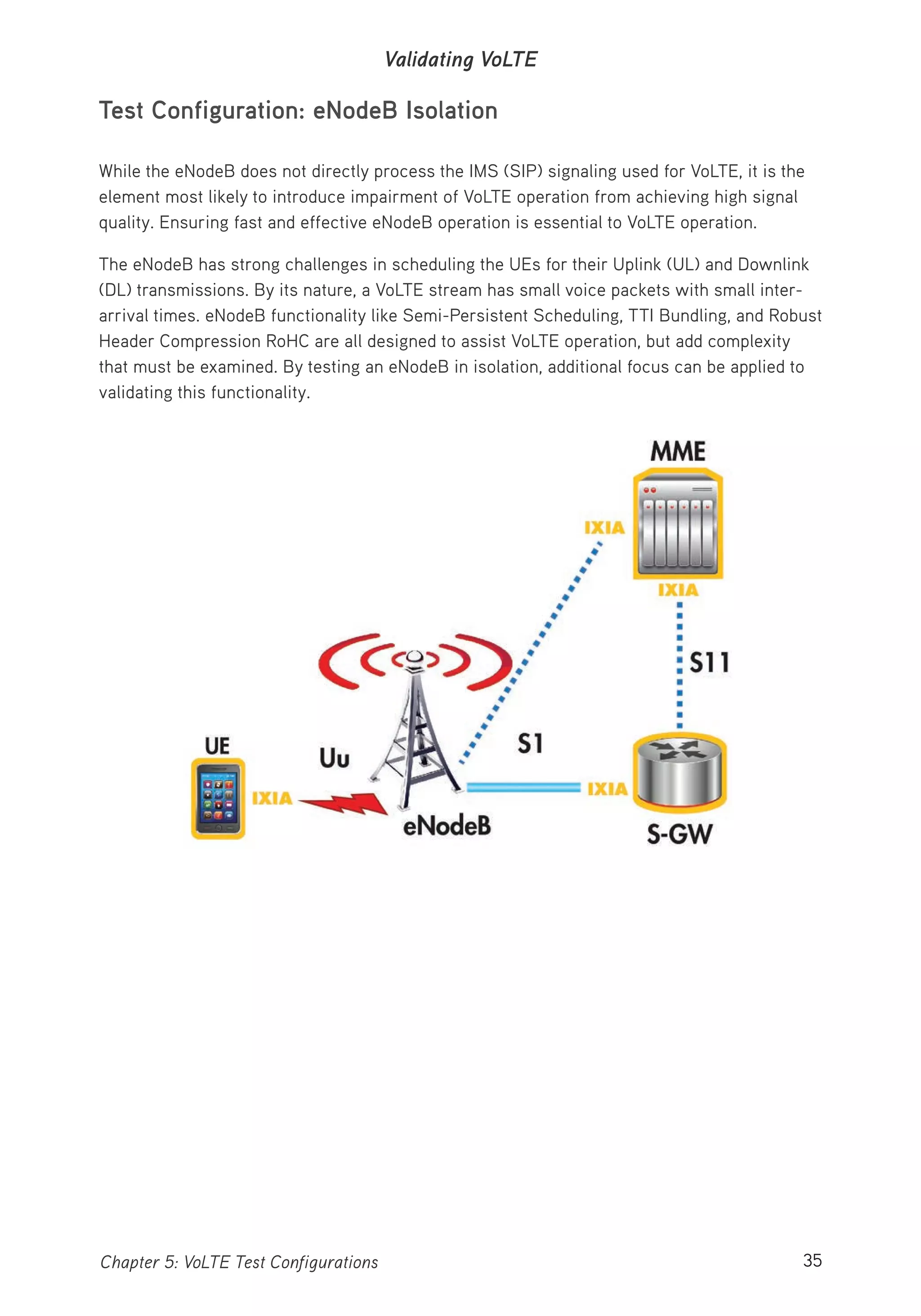 35Chapter 5: VoLTE Test Configurations
Validating VoLTE
Test Configuration: eNodeB Isolation
While the eNodeB does not directly process the IMS (SIP) signaling used for VoLTE, it is the
element most likely to introduce impairment of VoLTE operation from achieving high signal
quality. Ensuring fast and effective eNodeB operation is essential to VoLTE operation.
The eNodeB has strong challenges in scheduling the UEs for their Uplink (UL) and Downlink
(DL) transmissions. By its nature, a VoLTE stream has small voice packets with small inter-
arrival times. eNodeB functionality like Semi-Persistent Scheduling, TTI Bundling, and Robust
Header Compression RoHC are all designed to assist VoLTE operation, but add complexity
that must be examined. By testing an eNodeB in isolation, additional focus can be applied to
validating this functionality.
 