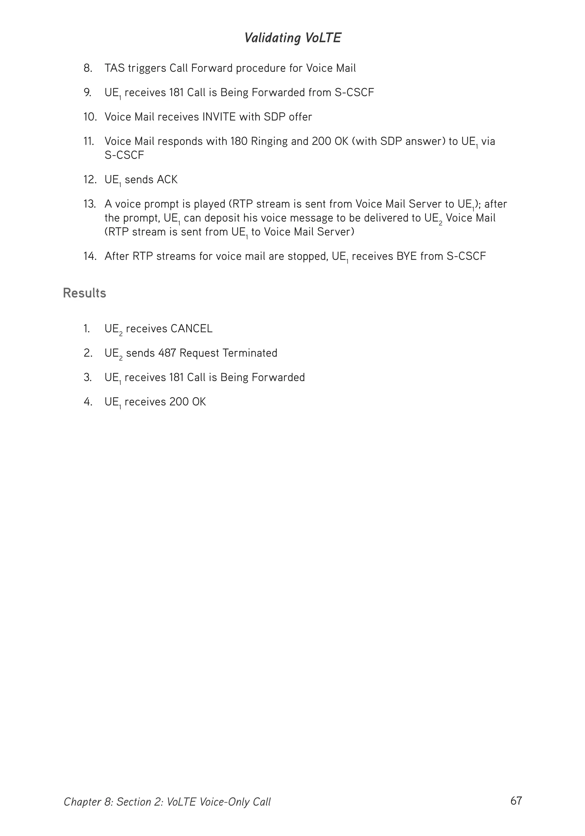 67Chapter 8: Section 2: VoLTE Voice-Only Call
Validating VoLTE
8. TAS triggers Call Forward procedure for Voice Mail
9. UE1
receives 181 Call is Being Forwarded from S-CSCF
10. Voice Mail receives INVITE with SDP offer
11. Voice Mail responds with 180 Ringing and 200 OK (with SDP answer) to UE1
via
S-CSCF
12. UE1
sends ACK
13. A voice prompt is played (RTP stream is sent from Voice Mail Server to UE1
); after
the prompt, UE1
can deposit his voice message to be delivered to UE2
Voice Mail
(RTP stream is sent from UE1
to Voice Mail Server)
14. After RTP streams for voice mail are stopped, UE1
receives BYE from S-CSCF
Results
1. UE2
receives CANCEL
2. UE2
sends 487 Request Terminated
3. UE1
receives 181 Call is Being Forwarded
4. UE1
receives 200 OK
 