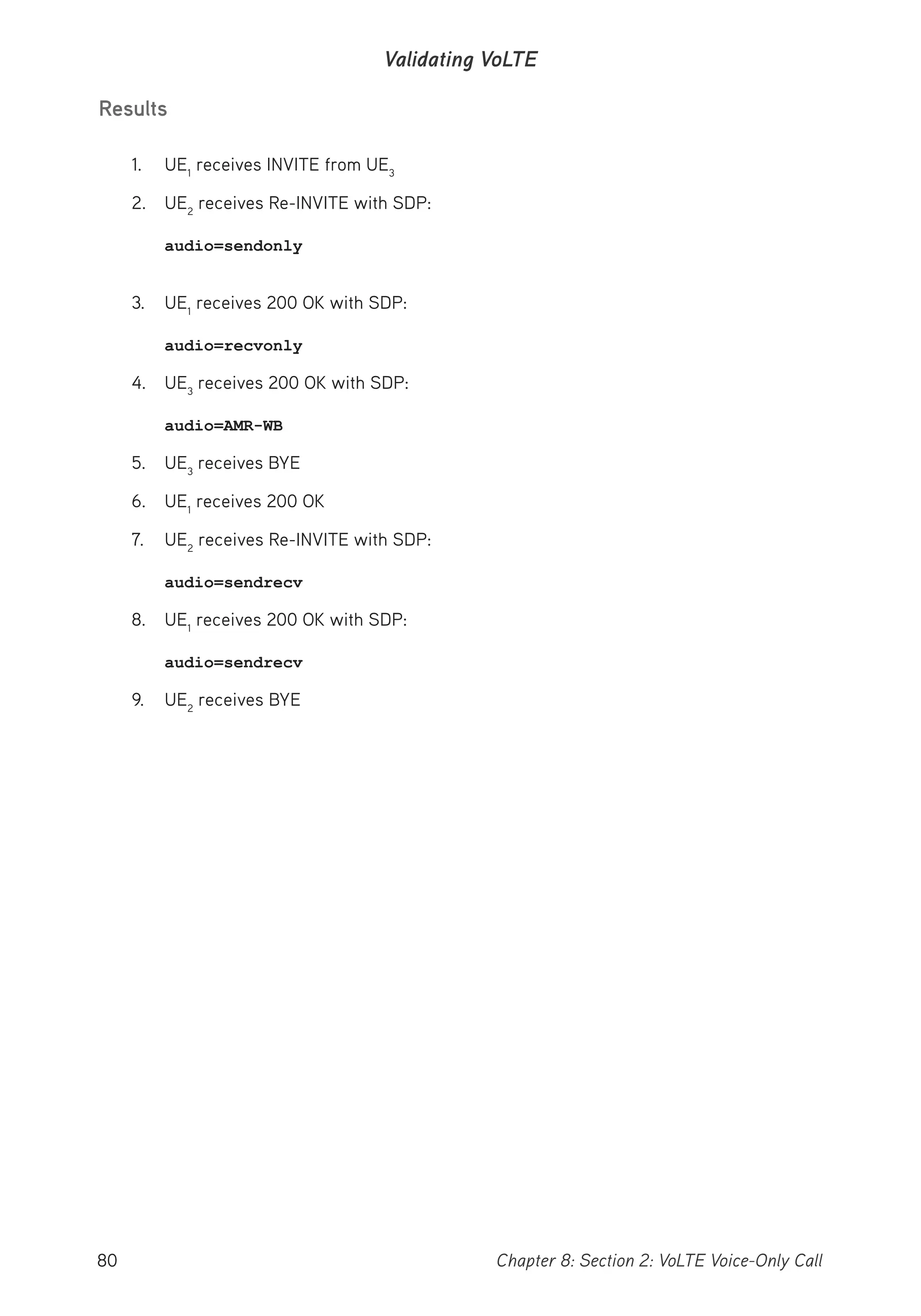 80 Chapter 8: Section 2: VoLTE Voice-Only Call
Validating VoLTE
Results
1. UE1
receives INVITE from UE3
2. UE2
receives Re-INVITE with SDP:
audio=sendonly
3. UE1
receives 200 OK with SDP:
audio=recvonly
4. UE3
receives 200 OK with SDP:
audio=AMR-WB
5. UE3
receives BYE
6. UE1
receives 200 OK
7. UE2
receives Re-INVITE with SDP:
audio=sendrecv
8. UE1
receives 200 OK with SDP:
audio=sendrecv
9. UE2
receives BYE
 