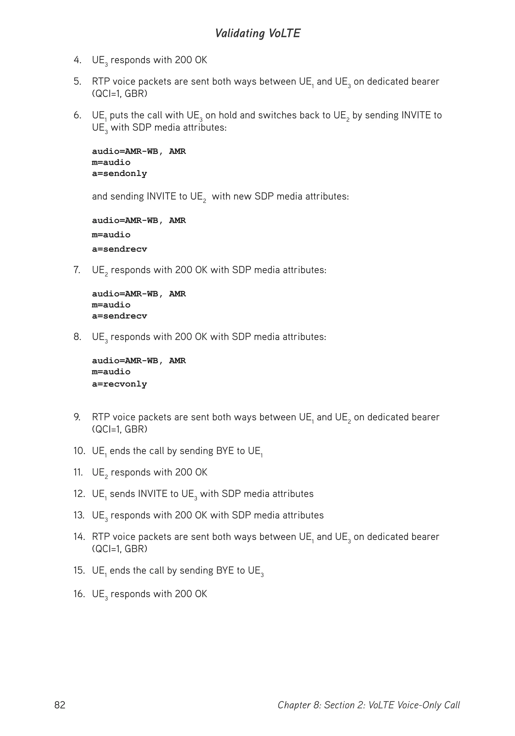 82 Chapter 8: Section 2: VoLTE Voice-Only Call
Validating VoLTE
4. UE3
responds with 200 OK
5. RTP voice packets are sent both ways between UE1
and UE3
on dedicated bearer
(QCI=1, GBR)
6. UE1
puts the call with UE3
on hold and switches back to UE2
by sending INVITE to
UE3
with SDP media attributes:
audio=AMR-WB, AMR
m=audio
a=sendonly
and sending INVITE to UE2
with new SDP media attributes:
audio=AMR-WB, AMR
m=audio
a=sendrecv
7. UE2
responds with 200 OK with SDP media attributes:
audio=AMR-WB, AMR
m=audio
a=sendrecv
8. UE3
responds with 200 OK with SDP media attributes:
audio=AMR-WB, AMR
m=audio
a=recvonly
9. RTP voice packets are sent both ways between UE1
and UE2
on dedicated bearer
(QCI=1, GBR)
10. UE1
ends the call by sending BYE to UE1
11. UE2
responds with 200 OK
12. UE1
sends INVITE to UE3
with SDP media attributes
13. UE3
responds with 200 OK with SDP media attributes
14. RTP voice packets are sent both ways between UE1
and UE3
on dedicated bearer
(QCI=1, GBR)
15. UE1
ends the call by sending BYE to UE3
16. UE3
responds with 200 OK
 