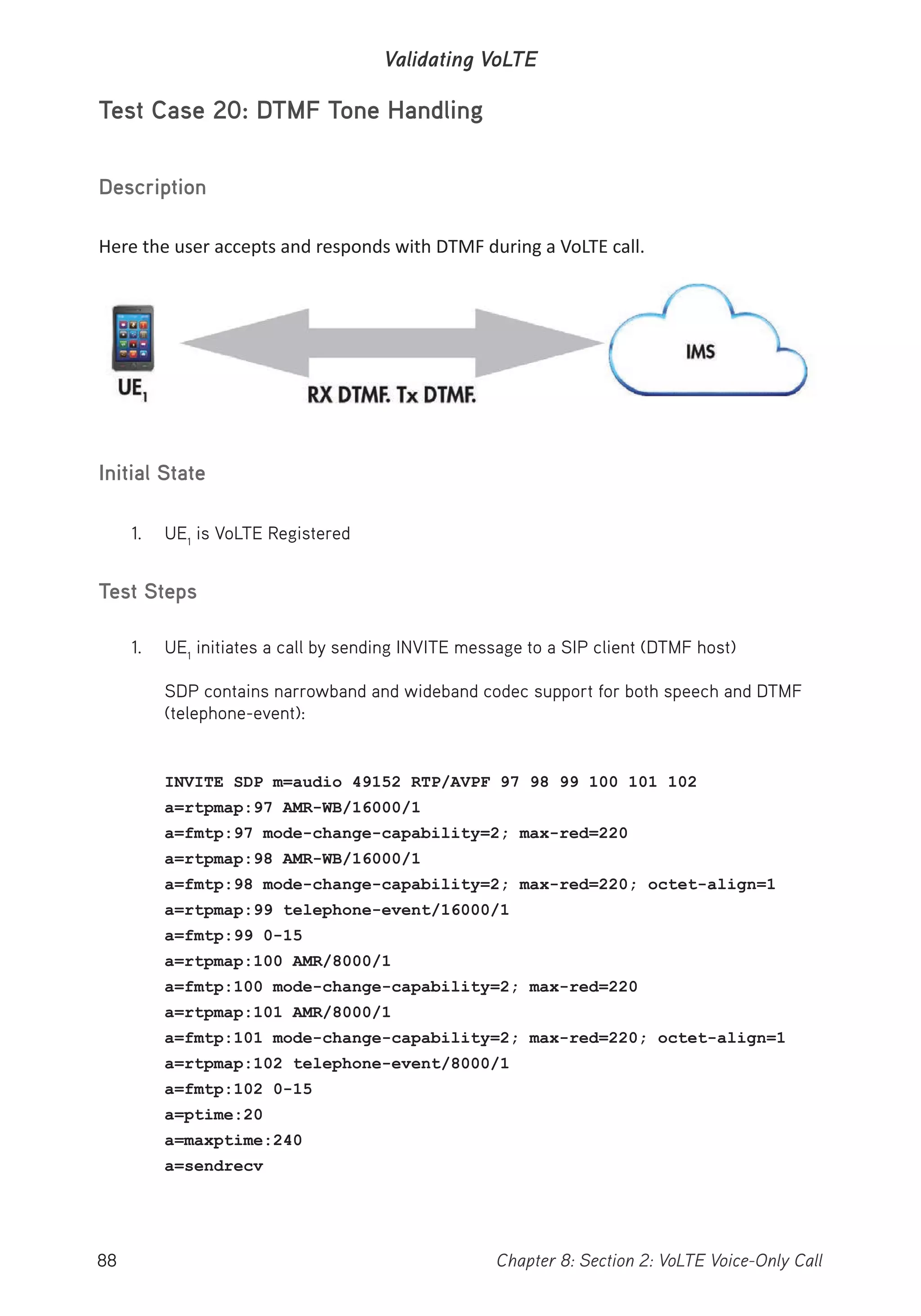 88 Chapter 8: Section 2: VoLTE Voice-Only Call
Validating VoLTE
Test Case 20: DTMF Tone Handling
Description
Here the user accepts and responds with DTMF during a VoLTE call.
Initial State
1. UE1
is VoLTE Registered
Test Steps
1. UE1
initiates a call by sending INVITE message to a SIP client (DTMF host)
SDP contains narrowband and wideband codec support for both speech and DTMF
(telephone-event):
INVITE SDP m=audio 49152 RTP/AVPF 97 98 99 100 101 102
a=rtpmap:97 AMR-WB/16000/1
a=fmtp:97 mode-change-capability=2; max-red=220
a=rtpmap:98 AMR-WB/16000/1
a=fmtp:98 mode-change-capability=2; max-red=220; octet-align=1
a=rtpmap:99 telephone-event/16000/1
a=fmtp:99 0-15
a=rtpmap:100 AMR/8000/1
a=fmtp:100 mode-change-capability=2; max-red=220
a=rtpmap:101 AMR/8000/1
a=fmtp:101 mode-change-capability=2; max-red=220; octet-align=1
a=rtpmap:102 telephone-event/8000/1
a=fmtp:102 0-15
a=ptime:20
a=maxptime:240
a=sendrecv
 