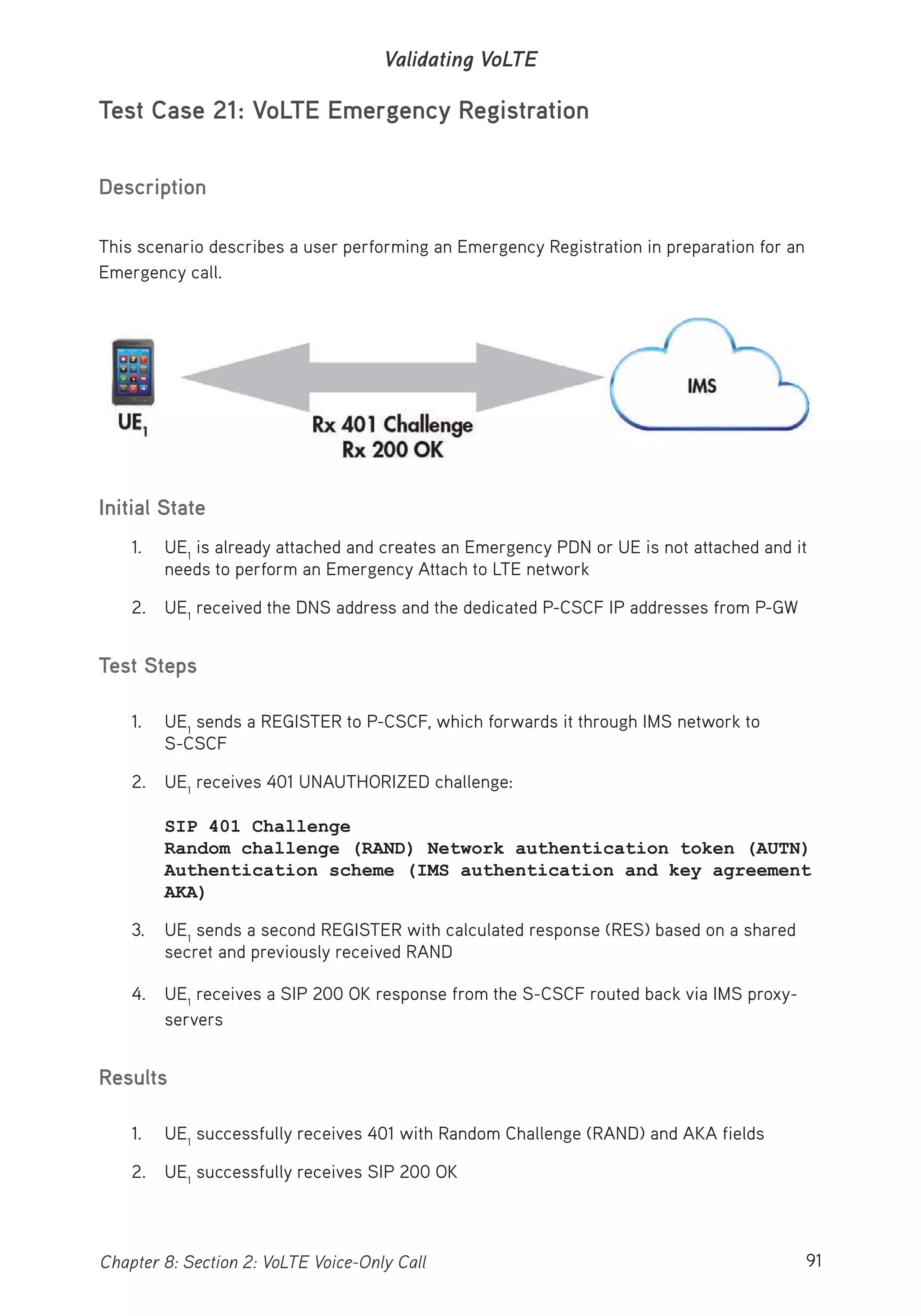 91Chapter 8: Section 2: VoLTE Voice-Only Call
Validating VoLTE
Test Case 21: VoLTE Emergency Registration
Description
This scenario describes a user performing an Emergency Registration in preparation for an
Emergency call.
Initial State
1. UE1
is already attached and creates an Emergency PDN or UE is not attached and it
needs to perform an Emergency Attach to LTE network
2. UE1
received the DNS address and the dedicated P-CSCF IP addresses from P-GW
Test Steps
1. UE1
sends a REGISTER to P-CSCF, which forwards it through IMS network to
S-CSCF
2. UE1
receives 401 UNAUTHORIZED challenge:
SIP 401 Challenge
Random challenge (RAND) Network authentication token (AUTN)
Authentication scheme (IMS authentication and key agreement
AKA)
3. UE1
sends a second REGISTER with calculated response (RES) based on a shared
secret and previously received RAND
4. UE1
receives a SIP 200 OK response from the S-CSCF routed back via IMS proxy-
servers
Results
1. UE1
successfully receives 401 with Random Challenge (RAND) and AKA fields
2. UE1
successfully receives SIP 200 OK
 