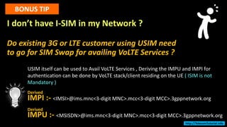 I don’t have I-SIM in my Network ?
Do existing 3G or LTE customer using USIM need
to go for SIM Swap for availing VoLTE Services ?
BONUS TIP
USIM itself can be used to Avail VoLTE Services , Deriving the IMPU and IMPI for
authentication can be done by VoLTE stack/client residing on the UE ( ISIM is not
Mandatory )
IMPI :- <IMSI>@ims.mnc<3-digit MNC>.mcc<3-digit MCC>.3gppnetwork.org
IMPU :- <MSISDN>@ims.mnc<3-digit MNC>.mcc<3-digit MCC>.3gppnetwork.org
Derived
Derived
http://TelecomTutorial.info
 