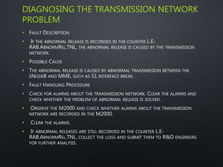 DIAGNOSING THE TRANSMISSION NETWORK
PROBLEM
• FAULT DESCRIPTION
• IF THE ABNORMAL RELEASE IS RECORDED IN THE COUNTER L.E-
RAB.ABNORMREL.TNL, THE ABNORMAL RELEASE IS CAUSED BY THE TRANSMISSION
NETWORK.
• POSSIBLE CAUSE
• THE ABNORMAL RELEASE IS CAUSED BY ABNORMAL TRANSMISSION BETWEEN THE
ENODEB AND MME, SUCH AS S1 INTERFACE BREAK.
• FAULT HANDLING PROCEDURE
• CHECK FOR ALARMS ABOUT THE TRANSMISSION NETWORK. CLEAR THE ALARMS AND
CHECK WHETHER THE PROBLEM OF ABNORMAL RELEASE IS SOLVED.
• OBSERVE THE M2000 AND CHECK WHETHER ALARMS ABOUT THE TRANSMISSION
NETWORK ARE RECORDED IN THE M2000.
• CLEAR THE ALARMS.
• IF ABNORMAL RELEASES ARE STILL RECORDED IN THE COUNTER L.E-
RAB.ABNORMREL.TNL, COLLECT THE LOGS AND SUBMIT THEM TO R&D ENGINEERS
FOR FURTHER ANALYSIS.
 