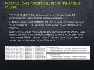 PRACTICAL CASE: TARGET CELL RECONFIGURATION
FAILURE
• TGT_ENB_RB_RECFG_FAIL IS THE CAUSE VALUE CONTAINED IN THE RB
RECONFIGURATION FAILURE MESSAGE DURING A HANDOVER.
• IN 100 MS, SENDS THE UE CONTEXT REL REQ MESSAGE CONTAINING THE CAUSE
VALUE "UNSPECIFIED". THE LOWER LEFT FIGURE SHOWS THE LAST TEN SIGNALING
MESSAGES.
• DURING THE HANDOVER PROCEDURE, THE EPC DELIVERS THE PATH_SWITCH_ACK
MESSAGE CONTAINING THE DOWNLINK AMBR VALUE THAT IS INCONSISTENT WITH
THE DOWNLINK AMBR CONTAINED IN THE S1/X2 HANDOVER REQUEST. ANALYSIS
SHOWS THAT THIS IS A DEFECT OF THE RR MODULE.
 