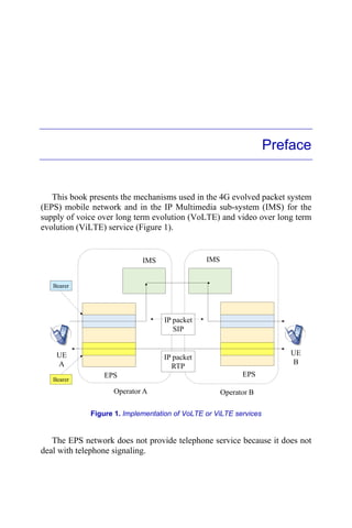 Preface
This book presents the mechanisms used in the 4G evolved packet system
(EPS) mobile network and in the IP Multimedia sub-system (IMS) for the
supply of voice over long term evolution (VoLTE) and video over long term
evolution (ViLTE) service (Figure 1).
Figure 1. Implementation of VoLTE or ViLTE services
The EPS network does not provide telephone service because it does not
deal with telephone signaling.
EPS
IMS
EPS
IMS
UE
A
UE
B
Operator A Operator B
IP packet
SIP
IP packet
RTP
Bearer
Bearer
 