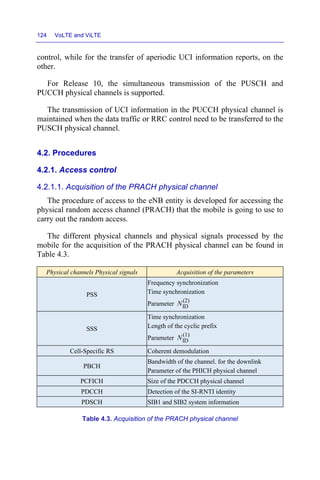 124 VoLTE and ViLTE
control, while for the transfer of aperiodic UCI information reports, on the
other.
For Release 10, the simultaneous transmission of the PUSCH and
PUCCH physical channels is supported.
The transmission of UCI information in the PUCCH physical channel is
maintained when the data traffic or RRC control need to be transferred to the
PUSCH physical channel.
4.2. Procedures
4.2.1. Access control
4.2.1.1. Acquisition of the PRACH physical channel
The procedure of access to the eNB entity is developed for accessing the
physical random access channel (PRACH) that the mobile is going to use to
carry out the random access.
The different physical channels and physical signals processed by the
mobile for the acquisition of the PRACH physical channel can be found in
Table 4.3.
Physical channels Physical signals Acquisition of the parameters
PSS
Frequency synchronization
Time synchronization
Parameter
(2)
ID
N
SSS
Time synchronization
Length of the cyclic prefix
Parameter
(1)
ID
N
Cell-Specific RS Coherent demodulation
PBCH
Bandwidth of the channel. for the downlink
Parameter of the PHICH physical channel
PCFICH Size of the PDCCH physical channel
PDCCH Detection of the SI-RNTI identity
PDSCH SIB1 and SIB2 system information
Table 4.3. Acquisition of the PRACH physical channel
 