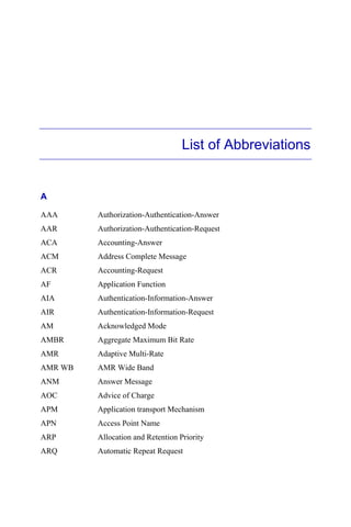 List of Abbreviations
A
AAA Authorization-Authentication-Answer
AAR Authorization-Authentication-Request
ACA Accounting-Answer
ACM Address Complete Message
ACR Accounting-Request
AF Application Function
AIA Authentication-Information-Answer
AIR Authentication-Information-Request
AM Acknowledged Mode
AMBR Aggregate Maximum Bit Rate
AMR Adaptive Multi-Rate
AMR WB AMR Wide Band
ANM Answer Message
AOC Advice of Charge
APM Application transport Mechanism
APN Access Point Name
ARP Allocation and Retention Priority
ARQ Automatic Repeat Request
 