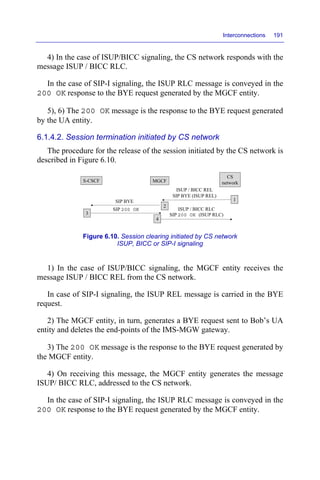 Interconnections 191
4) In the case of ISUP/BICC signaling, the CS network responds with the
message ISUP / BICC RLC.
In the case of SIP-I signaling, the ISUP RLC message is conveyed in the
200 OK response to the BYE request generated by the MGCF entity.
5), 6) The 200 OK message is the response to the BYE request generated
by the UA entity.
6.1.4.2. Session termination initiated by CS network
The procedure for the release of the session initiated by the CS network is
described in Figure 6.10.
Figure 6.10. Session clearing initiated by CS network
ISUP, BICC or SIP-I signaling
1) In the case of ISUP/BICC signaling, the MGCF entity receives the
message ISUP / BICC REL from the CS network.
In case of SIP-I signaling, the ISUP REL message is carried in the BYE
request.
2) The MGCF entity, in turn, generates a BYE request sent to Bob’s UA
entity and deletes the end-points of the IMS-MGW gateway.
3) The 200 OK message is the response to the BYE request generated by
the MGCF entity.
4) On receiving this message, the MGCF entity generates the message
ISUP/ BICC RLC, addressed to the CS network.
In the case of SIP-I signaling, the ISUP RLC message is conveyed in the
200 OK response to the BYE request generated by the MGCF entity.
S-CSCF MGCF
CS
network
SIP BYE
ISUP / BICC REL
SIP BYE (ISUP REL)
1
2
3
ISUP / BICC RLC
SIP 200 OK (ISUP RLC)
4
SIP 200 OK
 
