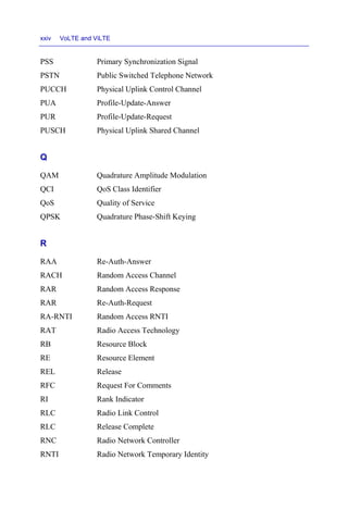 xxiv VoLTE and ViLTE
PSS Primary Synchronization Signal
PSTN Public Switched Telephone Network
PUCCH Physical Uplink Control Channel
PUA Profile-Update-Answer
PUR Profile-Update-Request
PUSCH Physical Uplink Shared Channel
Q
QAM Quadrature Amplitude Modulation
QCI QoS Class Identifier
QoS Quality of Service
QPSK Quadrature Phase-Shift Keying
R
RAA Re-Auth-Answer
RACH Random Access Channel
RAR Random Access Response
RAR Re-Auth-Request
RA-RNTI Random Access RNTI
RAT Radio Access Technology
RB Resource Block
RE Resource Element
REL Release
RFC Request For Comments
RI Rank Indicator
RLC Radio Link Control
RLC Release Complete
RNC Radio Network Controller
RNTI Radio Network Temporary Identity
 