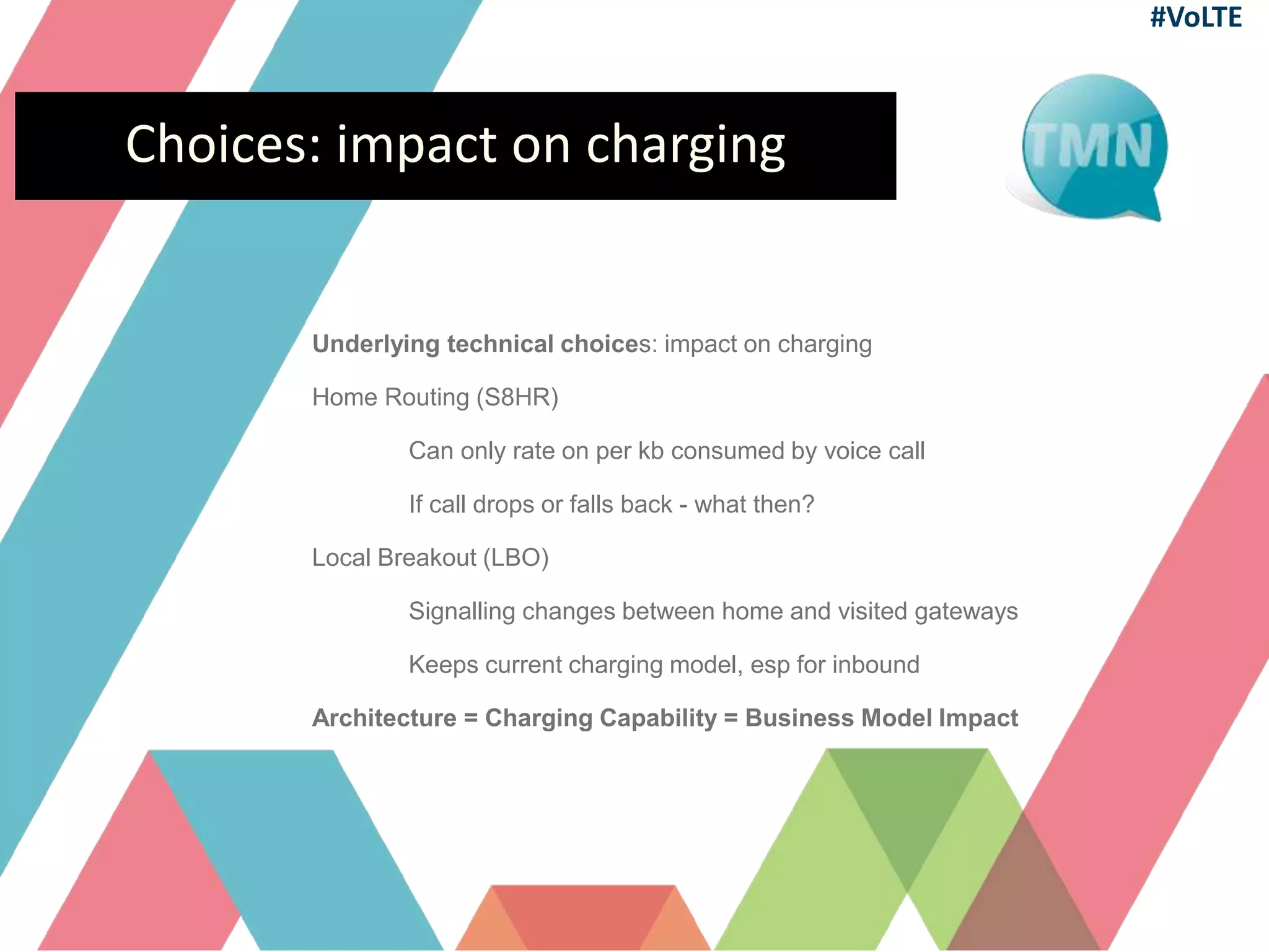 Choices: impact on charging
Underlying technical choices: impact on charging
Home Routing (S8HR)
Can only rate on per kb consumed by voice call
If call drops or falls back - what then?
Local Breakout (LBO)
Signalling changes between home and visited gateways
Keeps current charging model, esp for inbound
Architecture = Charging Capability = Business Model Impact
#VoLTE
 