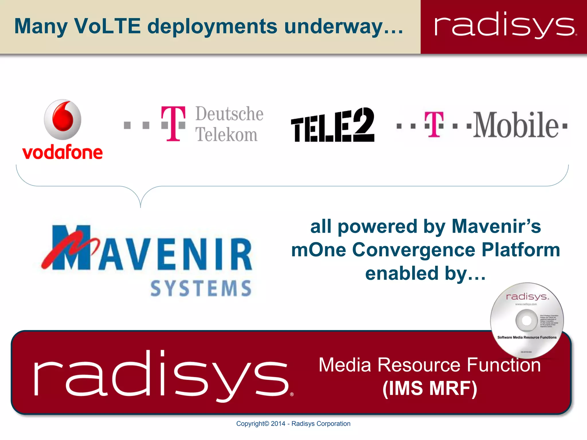 Copyright© 2014 - Radisys Corporation
all powered by Mavenir’s
mOne Convergence Platform
enabled by…
Many VoLTE deployments underway…
Media Resource Function
(IMS MRF)
 