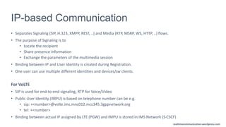 realtimecommunication.wordpress.com
IP-based Communication
• Separates Signaling (SIP, H.323, XMPP, REST, ..) and Media (RTP, MSRP, WS, HTTP, ..) flows.
• The purpose of Signaling is to
• Locate the recipient
• Share presence information
• Exchange the parameters of the multimedia session
• Binding between IP and User Identity is created during Registration.
• One user can use multiple different identities and devices/sw clients.
For VoLTE
• SIP is used for end-to-end signaling, RTP for Voice/Video
• Public User Identity (IMPU) is based on telephone number can be e.g.
• sip: +<number>@volte.ims.mnc012.mcc345.3gppnetwork.org
• tel: +<number>
• Binding between actual IP assigned by LTE (PGW) and IMPU is stored in IMS Network (S-CSCF)
 