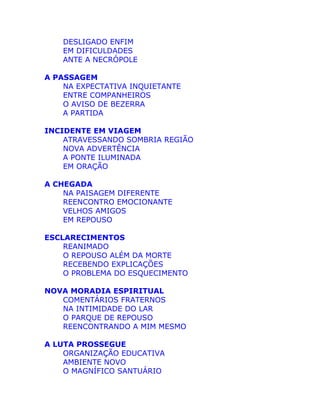 DESLIGADO ENFIM
EM DIFICULDADES
ANTE A NECRÓPOLE
A PASSAGEM
NA EXPECTATIVA INQUIETANTE
ENTRE COMPANHEIROS
O AVISO DE BEZERRA
A PARTIDA
INCIDENTE EM VIAGEM
ATRAVESSANDO SOMBRIA REGIÃO
NOVA ADVERTÊNCIA
A PONTE ILUMINADA
EM ORAÇÃO
A CHEGADA
NA PAISAGEM DIFERENTE
REENCONTRO EMOCIONANTE
VELHOS AMIGOS
EM REPOUSO
ESCLARECIMENTOS
REANIMADO
O REPOUSO ALÉM DA MORTE
RECEBENDO EXPLICAÇÕES
O PROBLEMA DO ESQUECIMENTO
NOVA MORADIA ESPIRITUAL
COMENTÁRIOS FRATERNOS
NA INTIMIDADE DO LAR
O PARQUE DE REPOUSO
REENCONTRANDO A MIM MESMO
A LUTA PROSSEGUE
ORGANIZAÇÃO EDUCATIVA
AMBIENTE NOVO
O MAGNÍFICO SANTUÁRIO
 