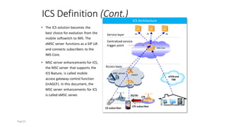 ICS Definition (Cont.)
• The ICS solution becomes the
best choice for evolution from the
mobile softswitch to IMS. The
eMSC server functions as a SIP UA
and connects subscribers to the
IMS Core.
• MSC server enhancements for ICS,
the MSC server that supports the
ICS feature, is called mobile
access gateway control function
(mAGCF). In this document, the
MSC server enhancements for ICS
is called eMSC server.
IMS Core
MGW
AS
mAGCF
LTE
2G/3G
LTE subscriber
MSC server
AS AS
Service layer
Centralized service
trigger point
Access layer
ICS Architecture
xPONand
FBB
CS subscriber
Page22
 