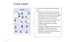 Core Layer
Core layer
⚫ The core layer is divided into the followingthree
parts:
 IMS domain: NEs in the IMS domain implement
such functions for LTE subscribersas registration,
authentication, session path control, servicetrigger,
routeselection, resourcecontrol, inter-domain
interworking, and access resourcecontrol.
 CS domain: NEs in the CS domain implement such
functions for LTE subscribersas mobility
management and voice services, including
handovers and CSFB.
 SingleSDB: The SingleSDB provides the functions of
the USCDB, HLR, IMS-HSS, SAE-HSS, PCRF,
DNS/ENUMfor centralized storageof VoLTE
subscribers'servicedata. The data can be used by
the CS, IMS, and EPC domains.
Page29
 