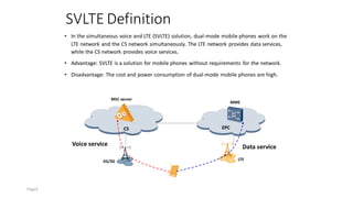 SVLTE Definition
• In the simultaneous voice and LTE (SVLTE) solution, dual-mode mobile phones work on the
LTE network and the CS network simultaneously. The LTE network provides data services,
while the CS network provides voice services.
• Advantage: SVLTE is a solution for mobile phones without requirements for the network.
• Disadvantage: The cost and power consumption of dual-mode mobile phones are high.
LTE
2G/3G
CS EPC
MSC server
MME
Data service
Voice service
Page5
 