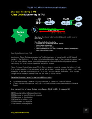 VoLTE IMS KPIs & Performance Indicators
http://telecomtutorial.info/
10
Clear Code Monitoring in TAS
Clear Code Monitoring in TAS
Monitoring Clear Codes generated by TAS is best way to know health and Pulse of
Network . By Definition … A clear code is the identifier code of the reason to clear a call .
This not only tells us about Internal Network Call failures but also Highlights failures
happening out side in other Operator Networks as well .
Clear Code or End of Selection (EOS) Report depicts possible reason for failure of call .
This is complete list of cause codes which tell us exact reason why call failed . Let’s take
example , If we see sudden spike in CC34 No Circuit Channel Available .. This shows
congestion in Network where calls are not able to move ahead .
Benefits Uses of Clear Codes based Monitoring
 It provides Complete Check on Outgoing call made by Users both External / Internal
 It Detect failures at Early stage , Any major outbreak of Clear codes gives us Alert on Network
Outage
You can get list of clear Codes from Specs GSM 04.08 ( Annexure H )
001 Unassigned (unallocated) number
002 No route to specific transit network
003 No route to destination
004 Send special info tone
005 Misdialled trunk prefix
006 Channel unacceptable
 
