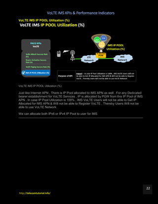 VoLTE IMS KPIs & Performance Indicators
http://telecomtutorial.info/
22
VoLTE IMS IP POOL Utilization (%)
VoLTE IMS IP POOL Utilization (%)
Just like Internet APN , There is IP Pool allocated to IMS APN as well . For any Dedicated
bearer establishment for VoLTE Services , IP is allocated by PGW from this IP Pool of IMS
APN . In case IP Pool Utilization is 100% , IMS VoLTE Users will not be able to Get IP
Allocated for IMS APN & Will not be able to Register VoLTE , Thereby Users Will not be
able to use VoLTE Network
We can allocate both IPv6 or IPv4 IP Pool to user for IMS
 