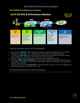 VoLTE IMS KPIs & Performance Indicators
http://telecomtutorial.info/
4
VoLTE IMS KPIs & Performance indicators
These are Real KPIs used for VoLTE IMS Network :-
 The 1st One is TAS KPIs which provides clear insight on Signaling related KPIs such as CSSR –
Call Setup Success Rate , CST – Call Setup Time & MHT/ACD – Average Call duration
 The 2nd One is SBC KPIs which gives us plenty of User Plane KPIs related with Speech Quality
such as MOS Score , Mute Rate , RTP Packet Loss & One Way Calls
 This One is SGW / PGW KPI which gives us Bearer specific intelligence & KPIs
 Next One is MME / SGW / PGW KPIs provides us Attach , Mobility & Paging specific KPIs such as
VoLTE ASR – Volte Attach Success Rate , VoLTE PSR – Paging Success Rate , Dedicated Bearer
Activation Success Rate
 The last but most critical are Radio KPIs provided by EnodeB . These covers VoLTE Call Drop rate ,
SRVCC Success Rate , Handover SR : S1 , X2
Let’s understand these KPIs in Detail moving ahead
 