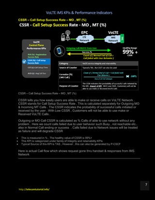VoLTE IMS KPIs & Performance Indicators
http://telecomtutorial.info/
7
CSSR – Call Setup Success Rate – MO , MT (%)
CSSR – Call Setup Success Rate – MO , MT (%)
CSSR tells you how easily users are able to make or receive calls on VoLTE Network .
CSSR stands for Call Setup Success Rate . This is calculated separately for Outgoing MO
& Incoming MT Calls . The CSSR indicates the probability of successful calls initiated or
received by the user . With Low CSSR , Customers will not be able to use make or
Received VoLTE Calls .
Outgoing or MO Call CSSR is calculated as % Calls of able to use network without any
problem . Here we count calls failed due to user behavior such Busy , not reachable etc..
also in Normal Call ending or success . Calls failed due to Network issues will be treated
as failure and will degrade CSSR
 This is measured in % . The healthy value of CSSR is 99%+
 This KPI is categorized under family of Integrity and retainability KPIs
 Typical Source of this KPI is TAS , However , this can also be generated by P-CSCF
Here is actual Call flow which shows request gone thru handset & responses from IMS
Network
 