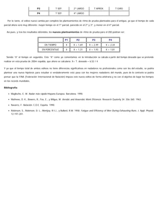 P3 T SEP. 2º LARGO T APROX. T GIRO
P4 T SEP. 4º LARGO
Por lo tanto, el volteo nuevo cambia por completo los planteamientos de ritmo de prueba planteados para el antiguo, ya que el tiempo de cada
parcial ahora será muy diferente: mayor tiempo en el 1º parcial, parecido en el 2º y 3º, y menor en el 4º parcial.
Así pues, y tras los resultados obtenidos, los nuevos planteamientos de ritmo de prueba para el 200 podrían ser:
P1 P2 P3 P4
EN TIEMPO X X + 1,69 X + 2,49 X + 2,34
EN PORCENTAJE X X + 1,31 X + 1,93 X + 1,81
Siendo “X” el tiempo en segundos. Este “X” como ya comentamos en la introducción se calcula a partir del tiempo deseado que se pretende
realizar en esta prueba de 200m espalda, que ahora se calcularía: X= T. deseado – 6,52 / 4
Y ya que el tiempo total de ambos volteos no tiene diferencias significativas en nadadores no profesionales como son los del estudio, se podría
plantear una nueva hipótesis para estudiar si verdaderamente esto pasa con los mejores nadadores del mundo, pues de lo contrario se podría
pensar que la FINA (Federación Internacional de Natación) impuso este nuevo volteo de forma arbitraria y no con el objetivo de bajar los tiempos
en los records mundiales.
Bibliografía
Maglischo, E. W. Nadar más rápido Hispano Europea. Barcelona. 1990.
Mathews, D. K., Bowers, R., Fox, E., y Wilgus, W. Aerobic and Anaerobic Work Eficiencie. Research Quaterly 34: 356-360. 1963.
Navarro, F. Natación. C.O.E. España. 1990.
Robinson, S., Robinson, D. L., Montjoy, R.I.J., y Bullard, R.W. 1958. Fatigue and Efficiency of Men During Exhausting Runs. J. Appl. Physiol.
12:197-201.
 