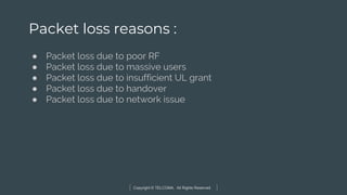 Copyright © TELCOMA. All Rights Reserved
Packet loss reasons :
● Packet loss due to poor RF
● Packet loss due to massive users
● Packet loss due to insufficient UL grant
● Packet loss due to handover
● Packet loss due to network issue
 