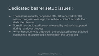 Copyright © TELCOMA. All Rights Reserved
Dedicated bearer setup issues :
● These issues usually happened after UE received SIP 183
session progress message, but network did not activate the
dedicated bearer.
● Sometimes dedicated bearer released by network happened
during handover process.
● When handover was triggered , the dedicated bearer that had
established in source cell is released in the target cell.
 