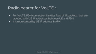 Copyright © TELCOMA. All Rights Reserved
Radio bearer for VoLTE :
● For VoLTE, PDN connection handles flow of IP packets , that are
labelled with UE IP addresses between UE and PDN.
● It is represented by UE IP address & APN.
 