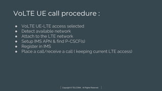 Copyright © TELCOMA. All Rights Reserved
VoLTE UE call procedure :
● VoLTE UE-LTE access selected
● Detect available network
● Attach to the LTE network
● Setup IMS APN & find P-CSCF(s)
● Register in IMS
● Place a call/receive a call ( keeping current LTE access)
 