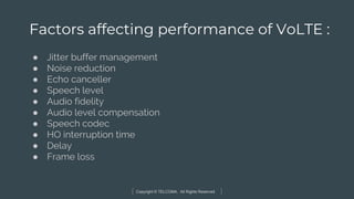 Copyright © TELCOMA. All Rights Reserved
Factors affecting performance of VoLTE :
● Jitter buffer management
● Noise reduction
● Echo canceller
● Speech level
● Audio fidelity
● Audio level compensation
● Speech codec
● HO interruption time
● Delay
● Frame loss
 