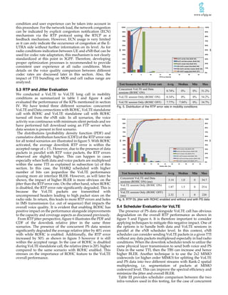 www.u5gig.ae
condition and user experience can be taken into account in
this procedure. For the network load, the network congestion
can be indicated by explicit congestion notification (ECN)
mechanism via the RTP protocol using the RTCP as a
feedback mechanism. However, ECN usage is very limited
as it can only indicate the occurrence of congestion at the E-
UTRA side without further information on its level. As for
radio conditions indication between UE and eNB that can be
used for codec rate adaptation, this mechanism is not clearly
standardized at this point in 3GPP. Therefore, developing
proper optimization processes is recommended to provide
consistent user experience at all radio conditions. More
details on the voice quality comparison between different
codec rates are discussed later in this section. Also, the
impact of TTI bundling on MOS and cell radius range are
analyzed.
5.3 RTP and Jitter Evaluation
We conducted a VoLTE to VoLTE long call in mobility
conditions as summarized in table I and figure 4 and
evaluated the performance of the KPIs mentioned in section
IV. We have tested three different scenarios: concurrent
VoLTE and Data connections with ROHC, VoLTE standalone
call with ROHC and VoLTE standalone call with ROHC
turned off from the eNB side. In all scenarios, the voice
activity was continuous with minimum silent periods and we
have performed full download using an FTP server when
data session is present in first scenario.
The distributions (probability density function (PDF) and
cumulative distribution function (CDF)) of the RTP error rate
for all tested scenarios are illustrated in figure 5. With ROHC
activated, the average downlink RTP error is within the
accepted range of ≤ 1%. However, due to the presence of data
packets in parallel with RTP voice packets, the RTP errors
observed are slightly higher. This can happen in cases
especially when both data and voice packets are multiplexed
within the same TTI as explained in subsection (a) of this
section. In this case, the HARQ scheduled with higher
number of bits can jeopardize the VoLTE performance
causing more air interface BLER. However, as will later be
shown, the impact of higher BLER is more obvious on the
jitter than the RTP error rate. On the other hand, when ROHC
is disabled, the RTP error rate significantly degraded. This is
because the VoLTE packets are transmitted with
uncompressed headers leading to high packet sizes on the
radio side. In return, this leads to more RTP errors and holes
in IMS transmission (i.e. out of sequence) that impacts the
overall voice quality. It is evident that enabling ROHC has
positive impact on the performance alongside improvements
to the capacity and coverage aspects as discussed previously.
From RTP jitter perspective, figure 6 illustrates the PDF and
CDF of the downlink relative jitter in the same three
scenarios. The presence of the concurrent PS data session
significantly degraded the average relative jitter by 40% even
with while ROHC is enabled. Additionally, the RTP error
increased by 50% as shown in figure 5 however it is still
within the accepted range. In the case of ROHC is disabled
during VoLTE standalone call, the relative jitter is 20% higher
compared to the same scenario with ROHC enabled. This
stresses on the importance of ROHC feature to the VoLTE
overall performance.
Test Scenario for RTP Error rate Avrg Median Min Max
Concurrent VoLTE and Data
sessions (ROHC ON)
0.74% 0% 0% 51.2%
VoLTE session Only (ROHC ON) 0.34% 0% 0% 54.2%
VoLTE session Only (ROHC OFF) 7.77% 7.84% 0% 34.7%
Fig. 5. Distribution of the RTP error rate in mobility conditions
Test Scenario for Relative Jitter Avrg Median Min Max
Concurrent VoLTE and Data
sessions (ROHC ON) (ms)
3.14 1.0 0 34.7
VoLTE session Only (ROHC ON)
(ms)
1.87 1.5 0 25.6
VoLTE session Only (ROHC OFF)
(ms) 2.32 1 0 220
Fig. 6. RTP DL jitter with ROHC enabled and without and with PS data
5.4 Scheduler Evaluation for VoLTE
The presence of PS data alongside VoLTE call has obvious
degradation on the overall RTP performance as shown in
figure 5 and Figure 6. It is therefore important to consider
applying techniques to mitigate this negative impact. One of
the options is to handle both data and VoLTE sessions in
parallel at the eNB scheduler level. In this context, eNB
scheduler can consider sending VoLTE packets in a given TTI
without any data packets multiplexed especially in bad radio
conditions. When the downlink scheduler tends to utilize the
same physical layer transmission to send both voice and PS
Data in the same TTI, then the TBS can increase and hence
higher BLER. Another technique is to use the 2x2 MIMO
codewords (or higher order MIMO) for splitting the VoLTE
and PS data into two different streams with Rank-2 spatial
multiplexing, i.e. segmentation of packets at MIMO
codeword level. This can improve the spectral efficiency and
minimize the jitter and overall BLER.
Table III provides scheduler comparison between the two
infra-vendors used in this testing, for the case of concurrent
0%
10%
20%
30%
40%
50%
60%
70%
80%
90%
100%
0%
10%
20%
30%
40%
50%
60%
70%
80%
90%
100%
0 5 10 15 20 25 30 35
CDF
PDF
RTP	Error	Rate	[%]
VoLTE	session	Only	(RoHC	ON)
VoLTE	and	Data	sessions	 (RoHC	ON)
VoLTE	session	Only	(RoHC	OFF)
CDF-VoLTE	session	Only	(RoHC	ON)
CDF-VoLTE	and	Data	sessions	(RoHC	ON)
CDF-VoLTE	session	Only	(RoHC	OFF)
0%
10%
20%
30%
40%
50%
60%
70%
80%
90%
100%
0%
10%
20%
30%
40%
50%
60%
70%
80%
90%
100%
0 5 10 15 20 25 30 35 40 45 50
CDF
PDF
Relative	Jitter	 [ms]
VoLTE	session	Only	(RoHC	ON)
VoLTE	and	Data	sessions	(RoHC	ON)
VoLTE	session	Only	(RoHC	OFF)
CDF-VoLTE	session	Only	(RoHC	 ON)
CDF-VoLTE	and	Data	sessions	(RoHC	ON)
CDF-VoLTE	session	Only	(RoHC	 OFF)
 