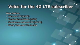 Voice for the 4G LTE subscriber
Voice Options
• Voice over LTE (VoLTE)
• Circuit switched fallback (CSFB)
• Simultaneous voice and LTE (SV-LTE)
• VoLGA, Voice over LTE via GAN
 