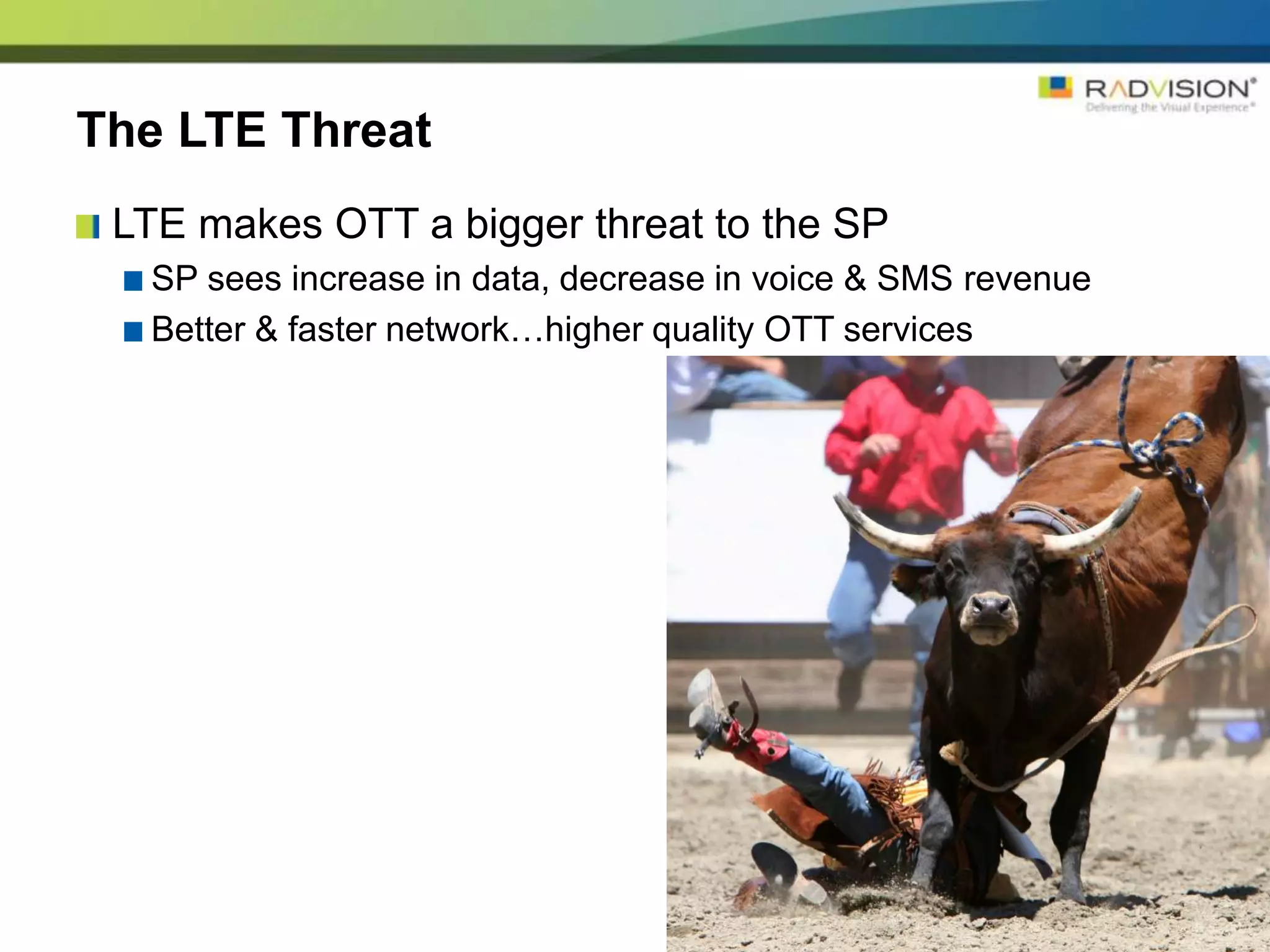 The LTE Threat
 LTE makes OTT a bigger threat to the SP
  SP sees increase in data, decrease in voice & SMS revenue
  Better & faster network…higher quality OTT services
 