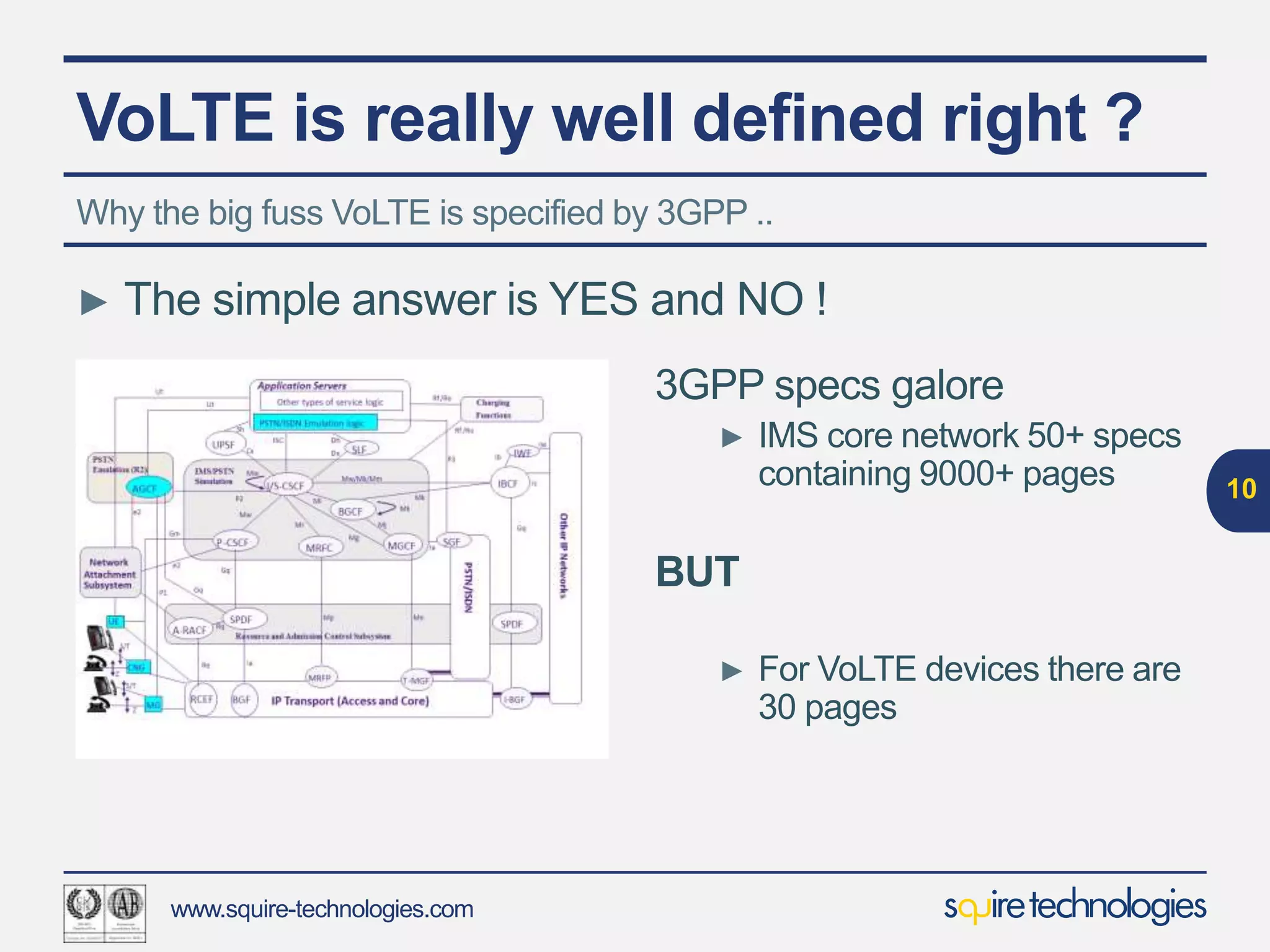 www.squire-technologies.com
VoLTE is really well defined right ?
► The simple answer is YES and NO !
10
Why the big fuss VoLTE is specified by 3GPP ..
3GPP specs galore
► IMS core network 50+ specs
containing 9000+ pages
BUT
► For VoLTE devices there are
30 pages
 
