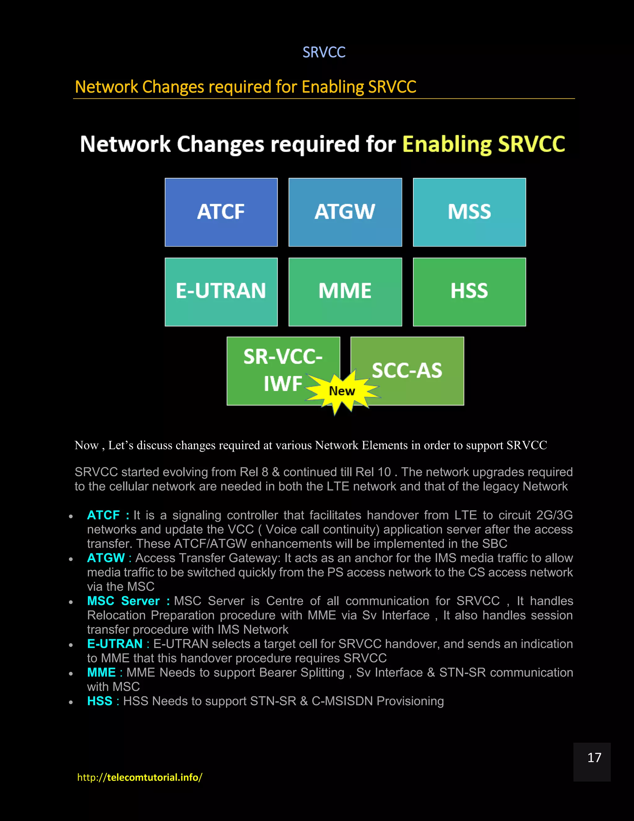 SRVCC
http://telecomtutorial.info/
17
Network Changes required for Enabling SRVCC
Now , Let’s discuss changes required at various Network Elements in order to support SRVCC
SRVCC started evolving from Rel 8 & continued till Rel 10 . The network upgrades required
to the cellular network are needed in both the LTE network and that of the legacy Network
 ATCF : It is a signaling controller that facilitates handover from LTE to circuit 2G/3G
networks and update the VCC ( Voice call continuity) application server after the access
transfer. These ATCF/ATGW enhancements will be implemented in the SBC
 ATGW : Access Transfer Gateway: It acts as an anchor for the IMS media traffic to allow
media traffic to be switched quickly from the PS access network to the CS access network
via the MSC
 MSC Server : MSC Server is Centre of all communication for SRVCC , It handles
Relocation Preparation procedure with MME via Sv Interface , It also handles session
transfer procedure with IMS Network
 E-UTRAN : E-UTRAN selects a target cell for SRVCC handover, and sends an indication
to MME that this handover procedure requires SRVCC
 MME : MME Needs to support Bearer Splitting , Sv Interface & STN-SR communication
with MSC
 HSS : HSS Needs to support STN-SR & C-MSISDN Provisioning
 