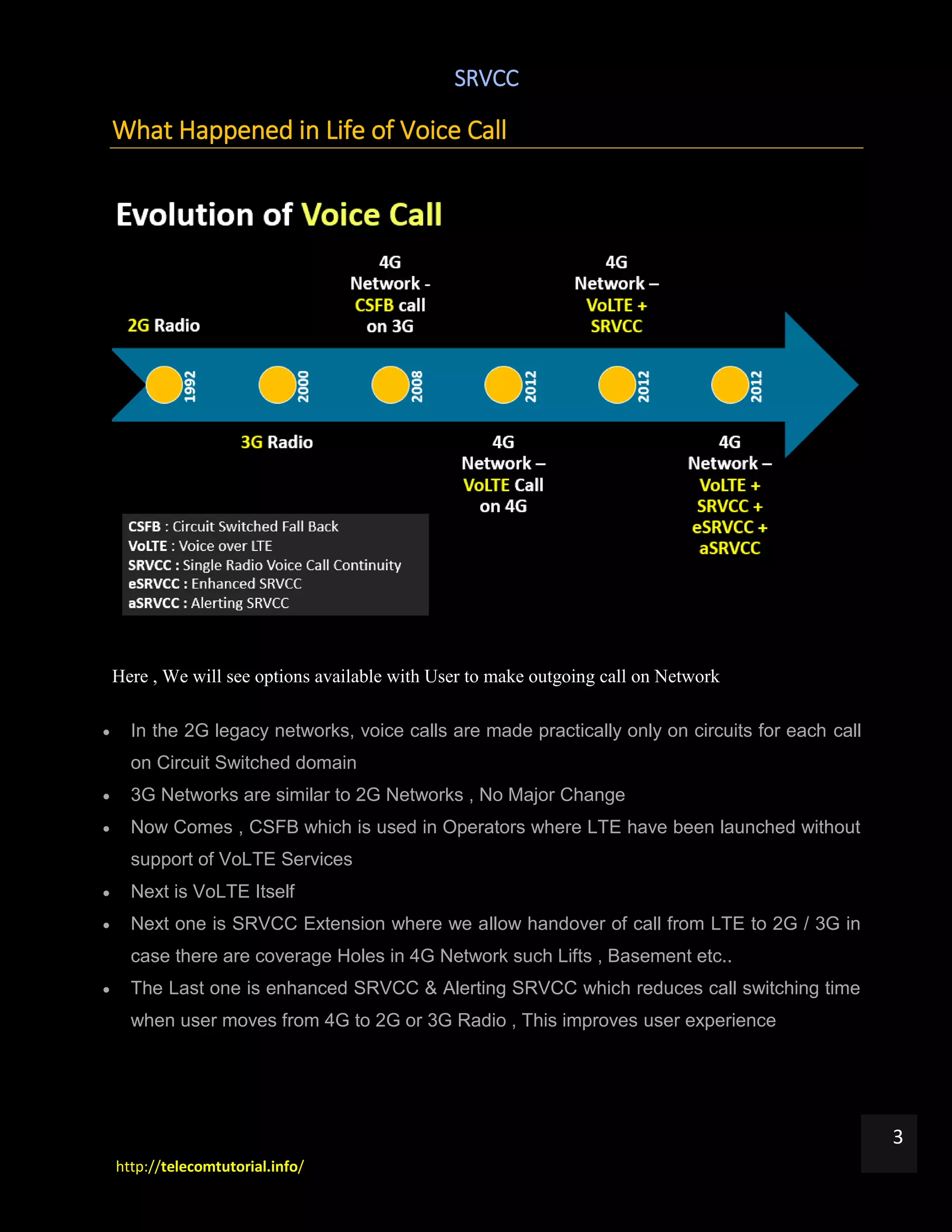 SRVCC
http://telecomtutorial.info/
3
What Happened in Life of Voice Call
Here , We will see options available with User to make outgoing call on Network
 In the 2G legacy networks, voice calls are made practically only on circuits for each call
on Circuit Switched domain
 3G Networks are similar to 2G Networks , No Major Change
 Now Comes , CSFB which is used in Operators where LTE have been launched without
support of VoLTE Services
 Next is VoLTE Itself
 Next one is SRVCC Extension where we allow handover of call from LTE to 2G / 3G in
case there are coverage Holes in 4G Network such Lifts , Basement etc..
 The Last one is enhanced SRVCC & Alerting SRVCC which reduces call switching time
when user moves from 4G to 2G or 3G Radio , This improves user experience
 