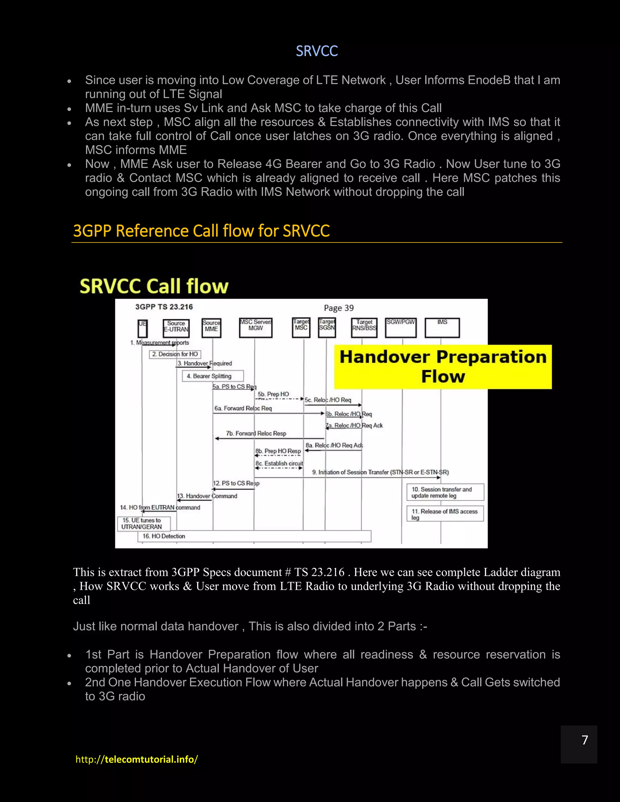 SRVCC
http://telecomtutorial.info/
7
 Since user is moving into Low Coverage of LTE Network , User Informs EnodeB that I am
running out of LTE Signal
 MME in-turn uses Sv Link and Ask MSC to take charge of this Call
 As next step , MSC align all the resources & Establishes connectivity with IMS so that it
can take full control of Call once user latches on 3G radio. Once everything is aligned ,
MSC informs MME
 Now , MME Ask user to Release 4G Bearer and Go to 3G Radio . Now User tune to 3G
radio & Contact MSC which is already aligned to receive call . Here MSC patches this
ongoing call from 3G Radio with IMS Network without dropping the call
3GPP Reference Call flow for SRVCC
This is extract from 3GPP Specs document # TS 23.216 . Here we can see complete Ladder diagram
, How SRVCC works & User move from LTE Radio to underlying 3G Radio without dropping the
call
Just like normal data handover , This is also divided into 2 Parts :-
 1st Part is Handover Preparation flow where all readiness & resource reservation is
completed prior to Actual Handover of User
 2nd One Handover Execution Flow where Actual Handover happens & Call Gets switched
to 3G radio
 